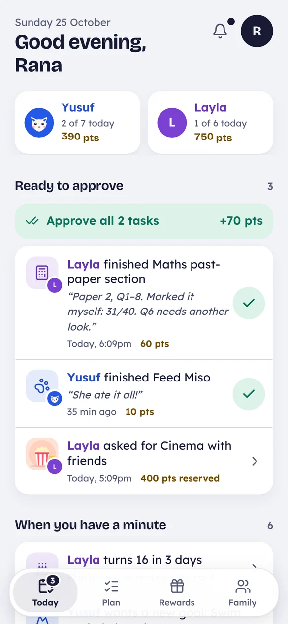 The parent's Today screen in Ghaya: Approve all 2 tasks, then Layla's maths paper, Yusuf feeding Miso and Layla's request for the cinema, each with a tick to approve.
